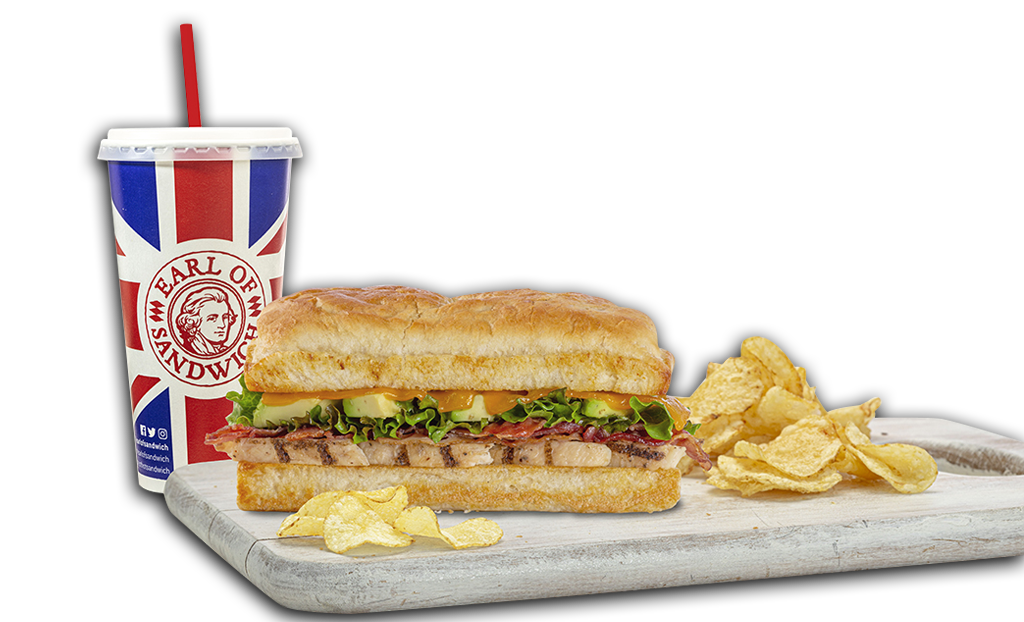 Earl of Sandwich Meal with a sandwich, chips, and a drink